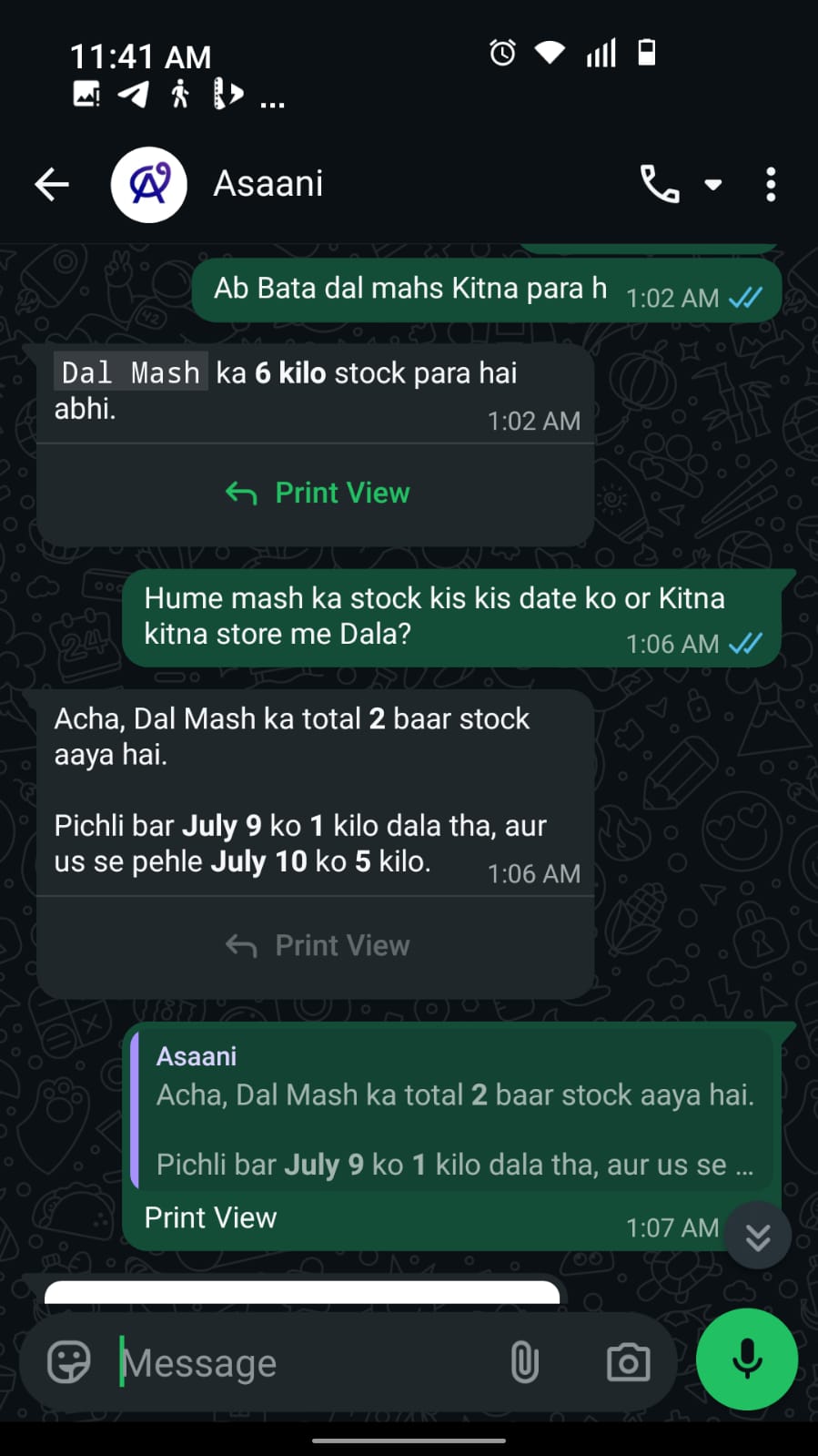 Asaani WhatsApp bot — voice order