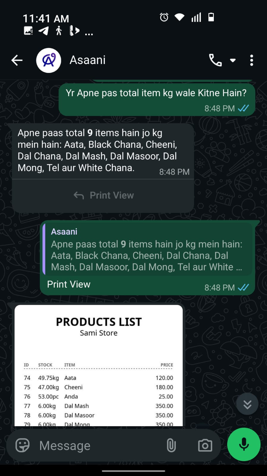 Asaani WhatsApp bot — stock update